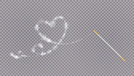 Magic wand with heart shaped snowflakes in a flat style in continuous drawing lines. Trace of white dust. Magic abstract background isolated on on transparent background. Miracle and magic. Vector illustration flat designのイラスト素材