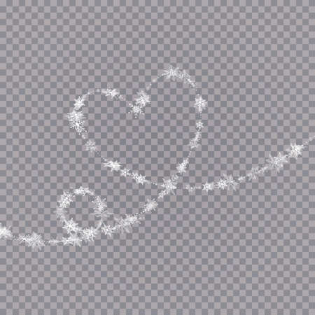 Heart shaped snowflakes in a flat style in continuous drawing lines. Trace of white dust. Magic abstract background isolated on on transparent background. Miracle and magic. Vector illustration flat designのイラスト素材