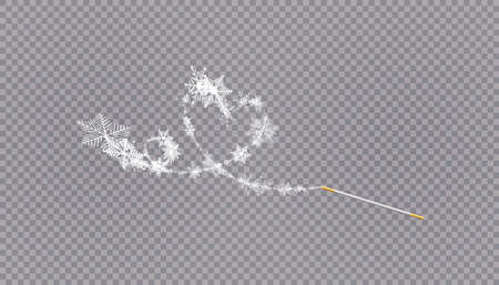 Magic wand with heart shaped snowflakes in a flat style in continuous drawing lines. Trace of white dust. Magic abstract background isolated on on transparent background. Miracle and magic. Vector illustration flat designのイラスト素材
