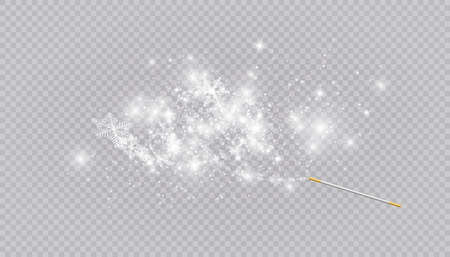 Magic wand with heart shaped snowflakes in a flat style in continuous drawing lines. Trace of white dust. Magic abstract background isolated on on transparent background. Miracle and magic. Vector illustration flat designのイラスト素材