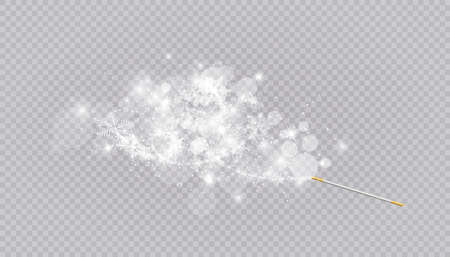 Magic wand with heart shaped snowflakes in a flat style in continuous drawing lines. Trace of white dust. Magic abstract background isolated on on transparent background. Miracle and magic. Vector illustration flat designの写真素材