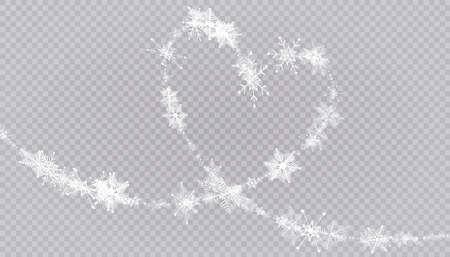 Heart shaped snowflakes in a flat style in continuous drawing lines. Trace of white dust. Magic abstract background isolated on on transparent background. Miracle and magic. Vector illustration flat designのイラスト素材