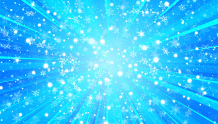 White snow flies and sun on a blue background. Christmas snowflakes. Winter blizzard background illustration.の写真素材