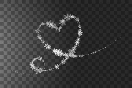 Heart shaped snowflakes in a flat style in continuous drawing lines. Trace of white dust. Magic abstract background isolated on on transparent background. Miracle and magic. Vector illustration flat designのイラスト素材