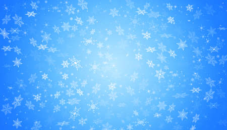 White snow flies on a blue background. Christmas snowflakes. Winter blizzard background illustration.の写真素材
