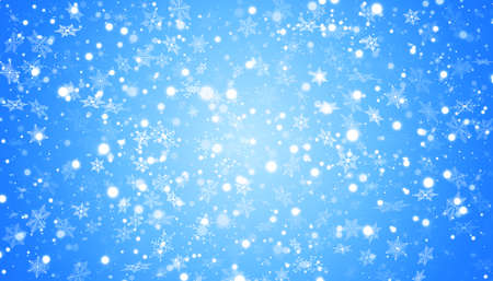 White snow flies on a blue background. Christmas snowflakes. Winter blizzard background illustration.の写真素材