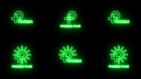 Set of Neon green sign P logo banner background. P with plus and sun logo. Medical logo. FONT Jellee (OFL Apache LICENSES).の写真素材