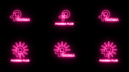 Set of Neon pink sign P logo banner background. P with plus and sun logo. Medical logo. FONT Jellee (OFL Apache LICENSES).の写真素材