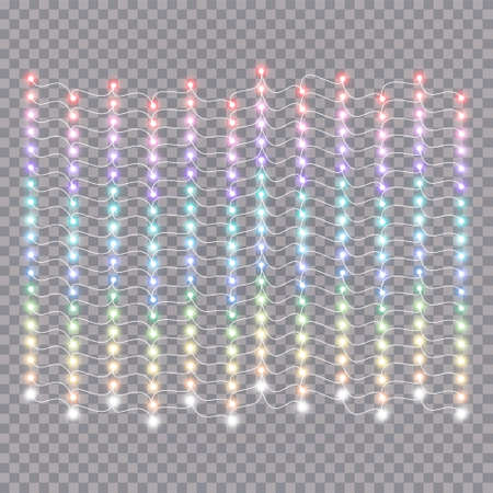 Garlands, Christmas decorations lights effects. Isolated vector design elements. Glowing lights for Xmas Holiday greeting card design. Colored led light and luminous neonのイラスト素材