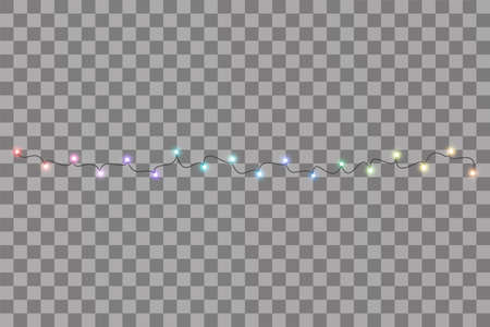 Garlands, Christmas decorations lights effects. Isolated vector design elements. Glowing lights for Xmas Holiday greeting card design. Colored led light and luminous neonのイラスト素材