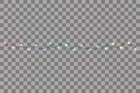 Garlands, Christmas decorations lights effects. Isolated vector design elements. Glowing lights for Xmas Holiday greeting card design. Colored led light and luminous neonのイラスト素材