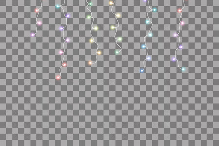 Set of colorful Garlands, Christmas decorations lights effects. Isolated vector design elements. Glowing lights for Xmas Holiday greeting card design. Colored led light and luminous neonのイラスト素材