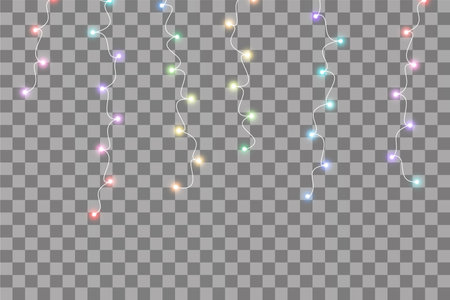 Set of colorful Garlands, Christmas decorations lights effects. Isolated vector design elements. Glowing lights for Xmas Holiday greeting card design. Colored led light and luminous neonのイラスト素材