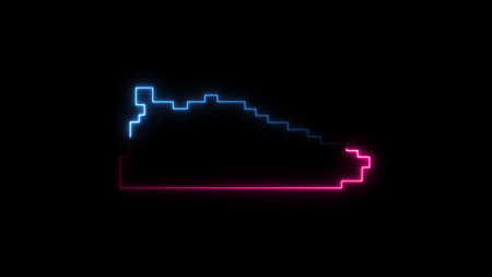 Glowing pink and blue neon line Fitness pixelated sneaker shoes for training, running icon isolated on black background. Crypto Punk Digital Sneaker. Sport shoes.の写真素材