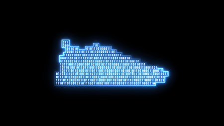Glowing blue neon line Fitness pixelated sneaker shoes for training, running icon isolated on black background. Sport shoes. Crypto Punk Digital Sneaker.の写真素材