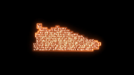 Glowing yellow neon line Fitness pixelated sneaker shoes for training, running icon isolated on black background. Crypto Punk Digital Sneaker. Sport shoes.の写真素材