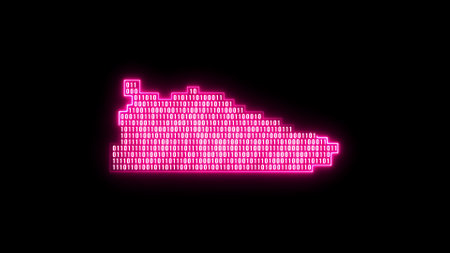 Glowing pink neon line Fitness pixelated sneaker shoes for training, running icon isolated on black background. Crypto Punk Digital Sneaker. Sport shoes..の写真素材