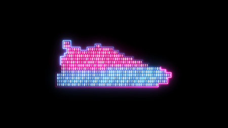 Glowing pink and blue neon line Fitness pixelated sneaker shoes for training, running icon isolated on black background. Crypto Punk Digital Sneaker. Sport shoes.の写真素材