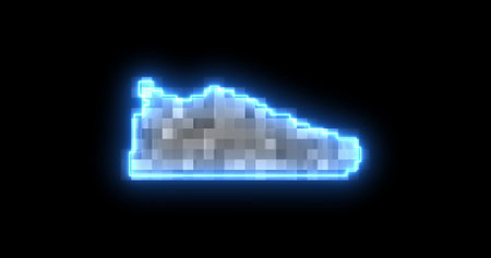 Glowing blue neon line Fitness pixelated sneaker shoes for training, running icon isolated on black background. Sport shoes. Crypto Punk Digital Sneaker.の写真素材