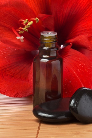 SPA background - aroma oil, stones and red flower の写真素材