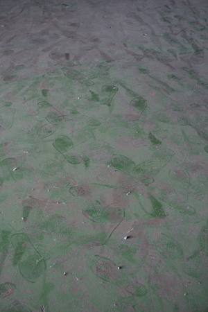 mix of foot print on the dirty green floorの写真素材