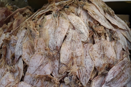 close up of dried squid sale at the market