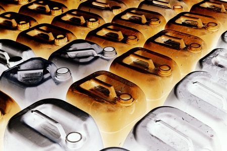 close up group of pastic chemical waste containerの写真素材