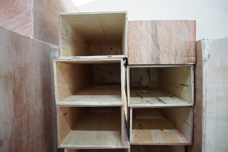 close up stack of wood box in the warehouseの写真素材