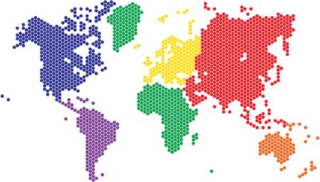 Hexagon shape world map in various colors by continent.のイラスト素材