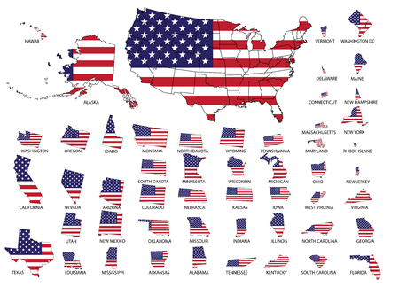 Highly detailed USA map with USA flag graphic, isolated statue's border.のイラスト素材