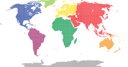 Pixel world map, colored by continental.のイラスト素材