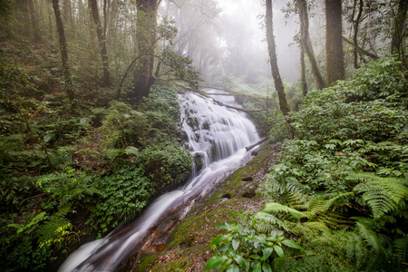 Water flowing at a beautiful waterfall at Inthanon nation park, Chiangmai, Thailand. Long exposure photography.の写真素材