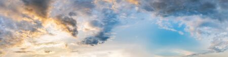 Dramatic panorama sky with cloud on sunrise and sunset time. Panoramic image.の写真素材