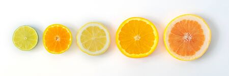 Collection of fresh lime, lemon, orange, citrus, grapefruit slice on white background. 