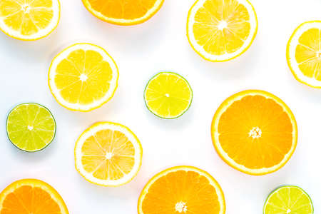 Collection of fresh lime, lemon, orange, citrus, grapefruit slice on white background.の写真素材