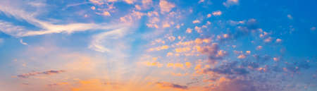 Twilight panorama sky background with colorful cloud in dusk. Panoramic image.