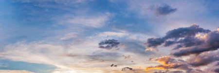 Twilight panorama sky background with colorful cloud in dusk. Panoramic image.