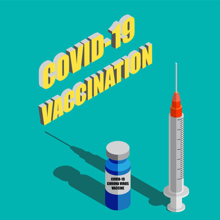 Coronavirus vaccine isometric vector background. Covid-19 corona virus vaccination with vaccine bottle and syringe injection for covid19 immunization.のイラスト素材