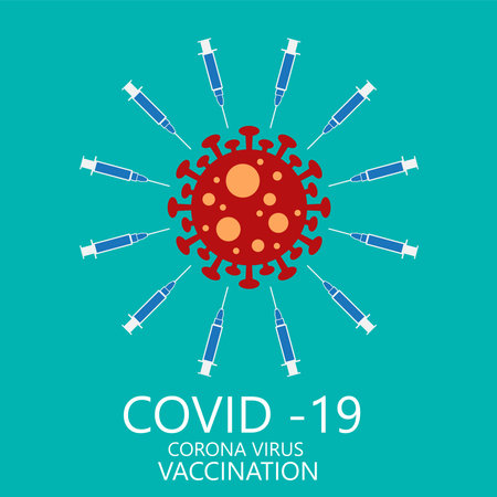 Coronavirus vaccine vector background. Covid-19 corona virus vaccination with vaccine bottle and syringe injection for covid19 immunization.のイラスト素材
