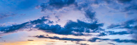 Twilight panorama sky background with colorful cloud in dusk. Panoramic image.