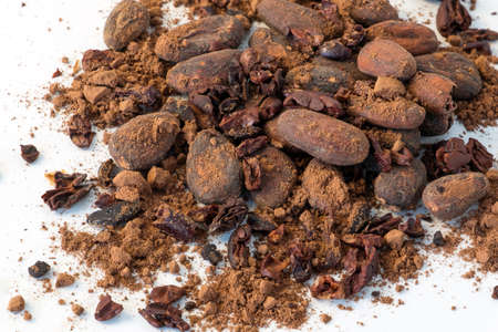 Cacao beans seeds, Cacao nibs and cacao powder isolated on white background.