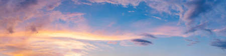 Dramatic panorama sky with cloud on sunrise and sunset time. Panoramic image.の写真素材