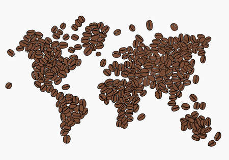 Freehand drawing of coffee bean arrange in world map. Vector illustration.のイラスト素材