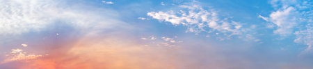 Dramatic panorama sky with cloud on sunrise and sunset time. Panoramic image.の写真素材