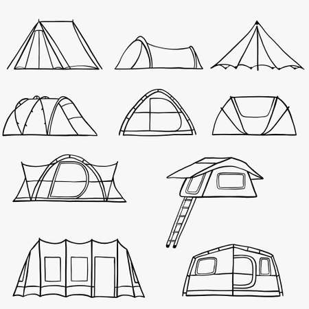 camping tent outline doodle drawing on white background. vector illustration.のイラスト素材