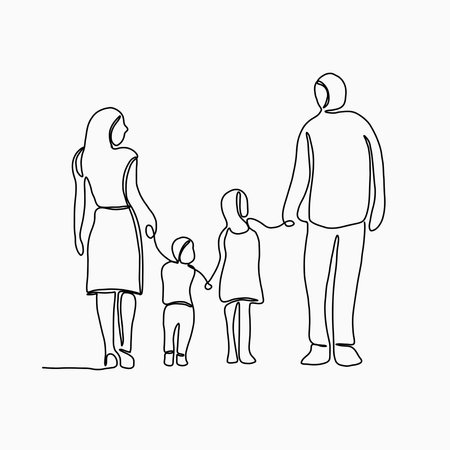 Doodle continuous line freehand drawing of a family. Vector illustrationのイラスト素材