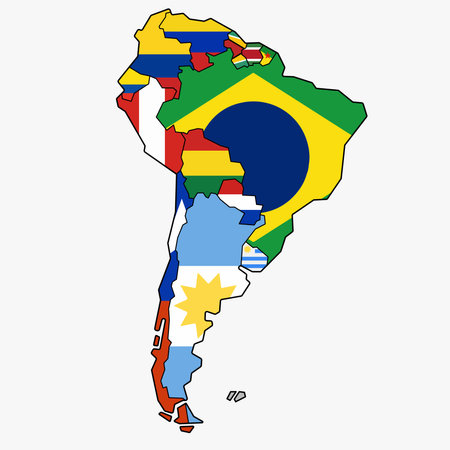 Outline drawing of South america countries flag map.のイラスト素材