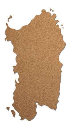 Sardinia island map cork wood texture cut out on white background.の写真素材