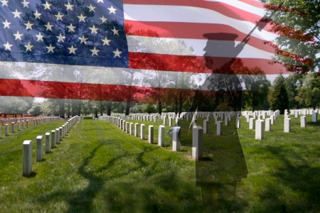 Great for 4th of July or Memorial Day Grave stones in a row with a soldier silhouette and an US National flag Great for 4th of July or Memorial Day Grave stones in a row with a soldier silhouette and an US National flag