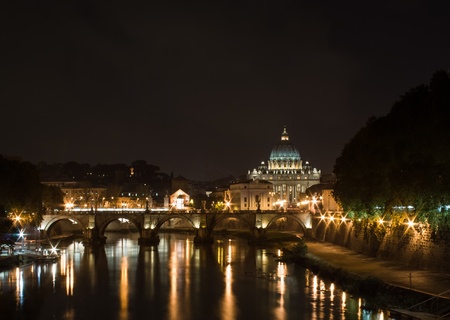 Night View of St. Peter's Basilica in Vatican City, with the Tiber river and ponte Vittorio Emmanuelle II